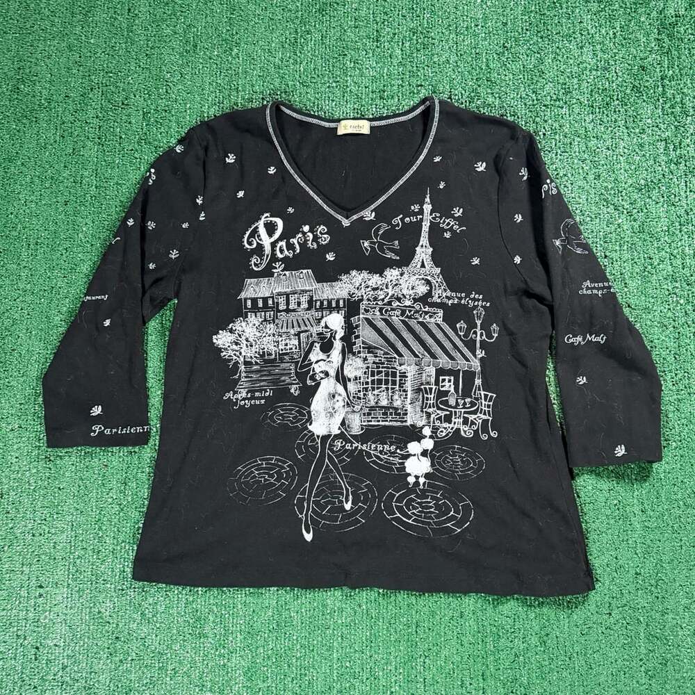 Womens Y2K Cactus Paris Eiffel Tower V-Neck Long Sleeve Top Size XL